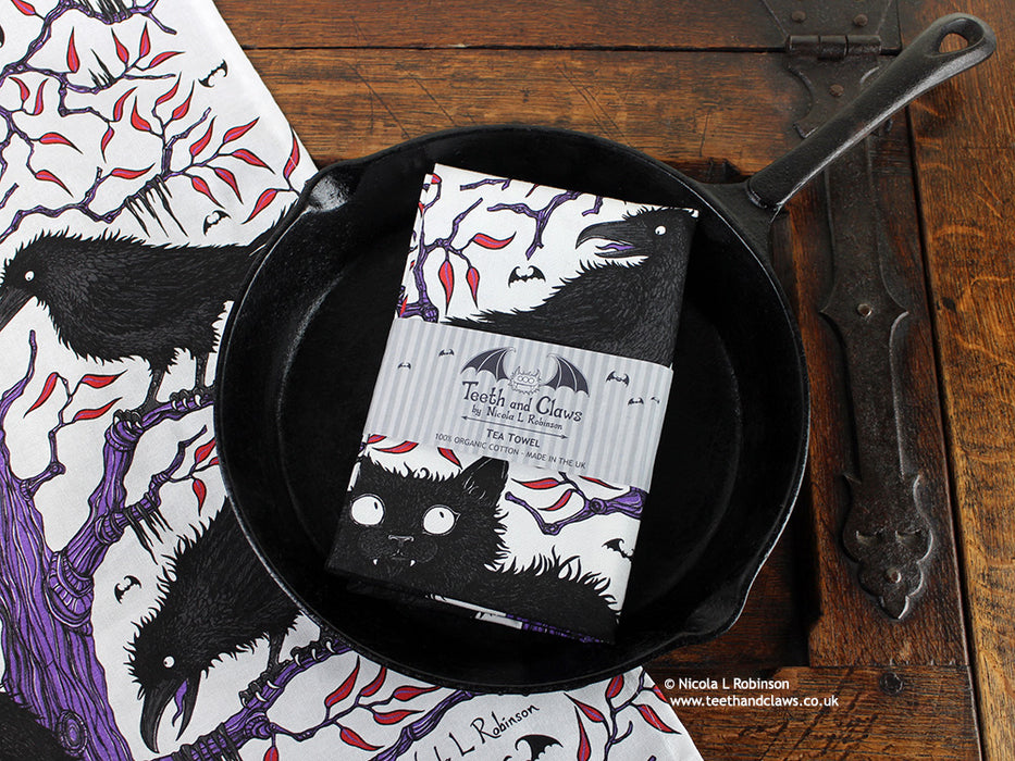 Black Cat and Ravens Organic Cotton Tea Towel © Nicola L Robinson | Teeth and Claws