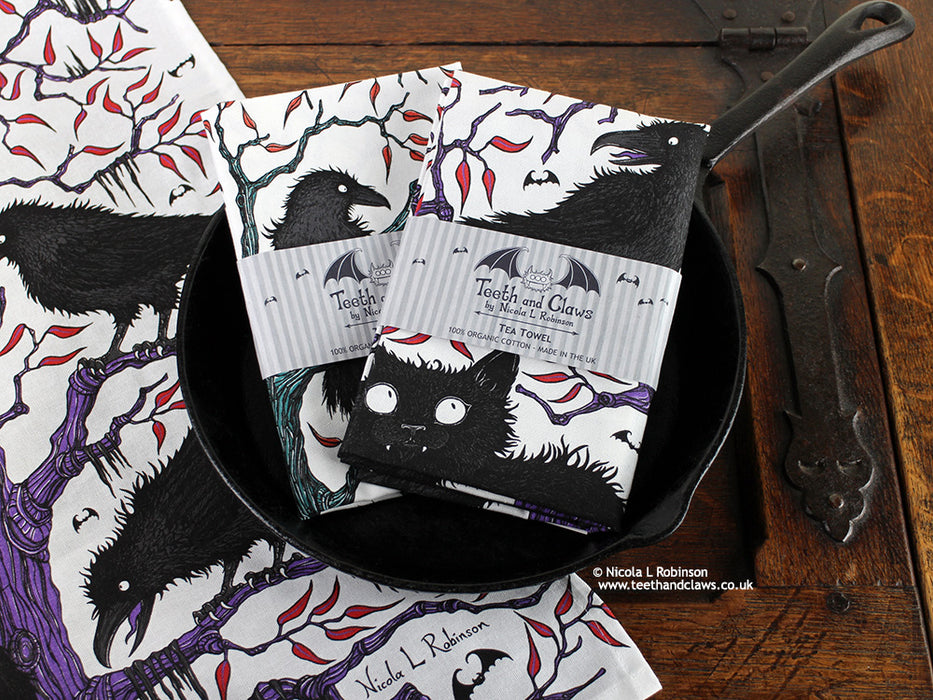 Black Cat and Ravens Organic Cotton Tea Towel © Nicola L Robinson | Teeth and Claws